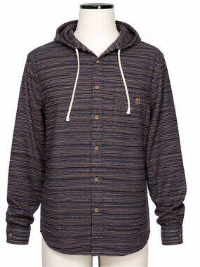 Solaris Hooded Button Front Shirt XL 100% Cotton Striped Outdoor Casual